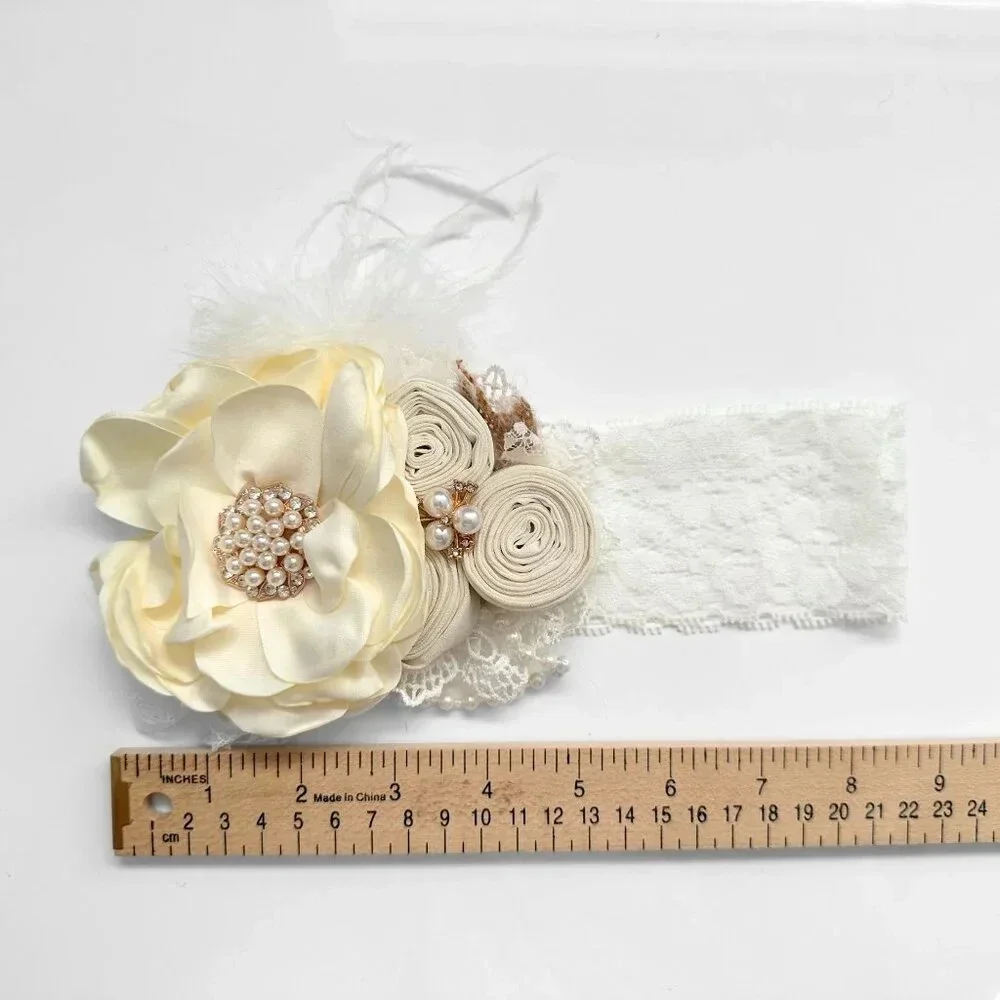 NWT Pretty Baby Vintage Inspired Girls Headband Floral Beaded Lace Ivory OS
